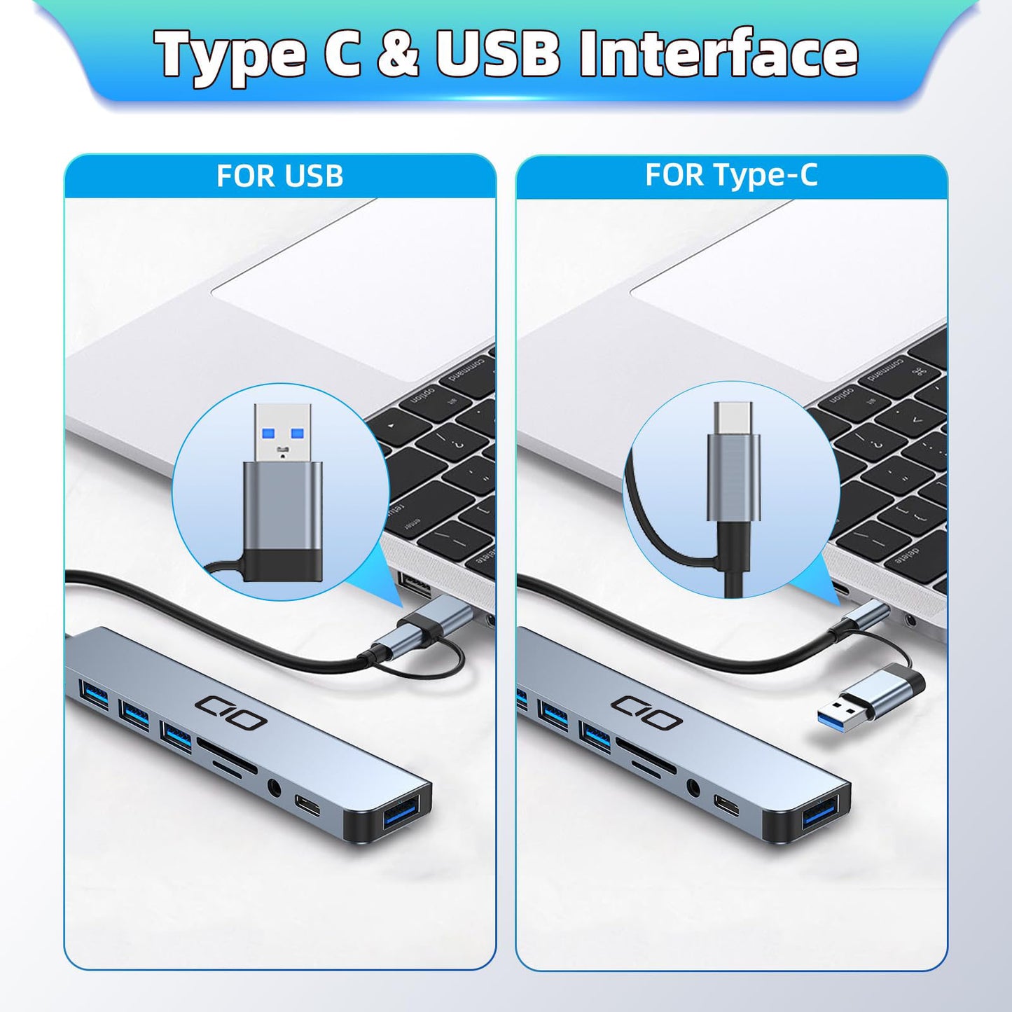 8 in 1 USB Hub USB C Docking Station TF SD Card USB 2.0 USB 3.0 3.5 Audio for MacBook Pro, XPS and More