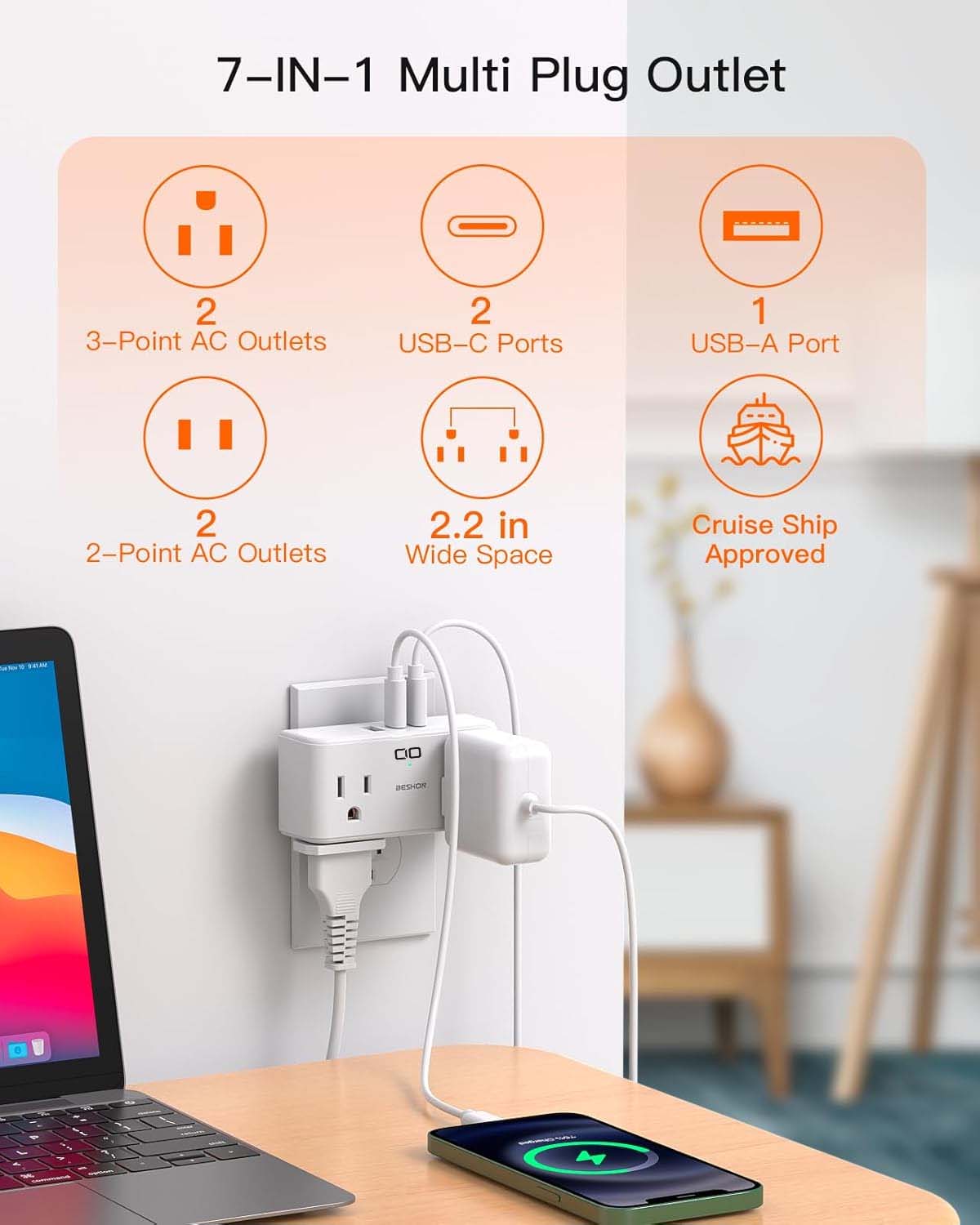2.2in Wide Space OutletsNon-Blocking Outlet for Bulky Plugs